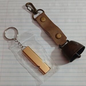 Brown Leather Bell Keychain with Brass Whistle Accent